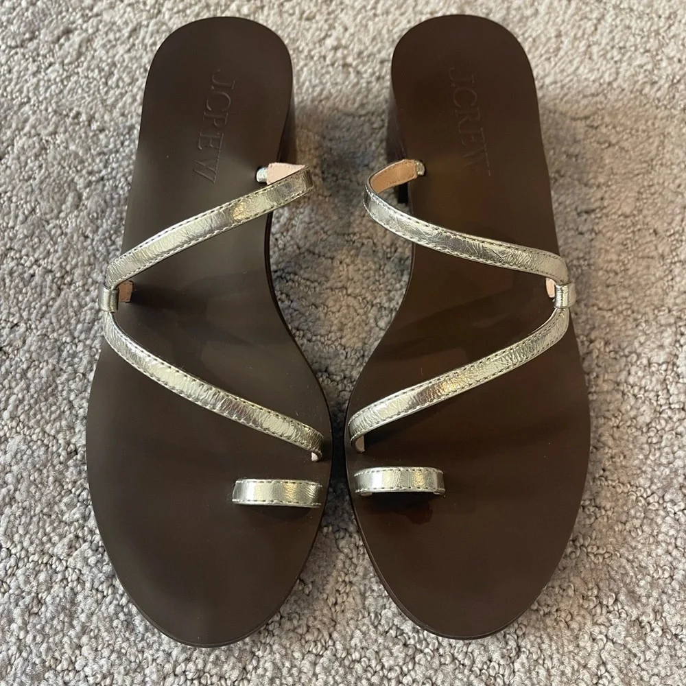 J. Crew Metallic and Brown Strappy Toe Ring Sandals, Stacked 2” Block Heel, 6